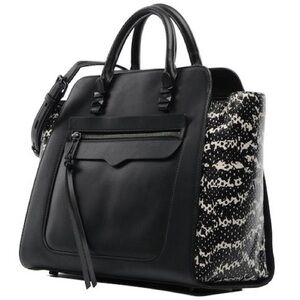 Black Leather Tote Bag with Patterned Side Panels